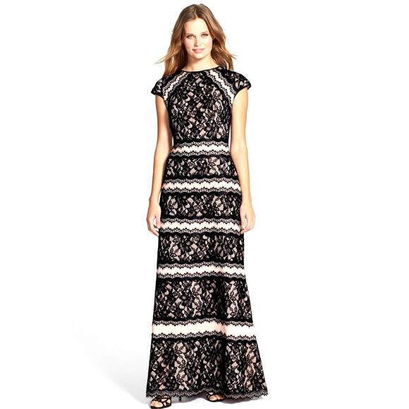 Tadashi Shoji Neoprene And Lace Cap Sleeve Gown Maxi Dress Size 12 - Picture 3 of 13